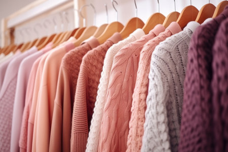 Cozy comfortable fashionable wardrobe, knitted cardigans hanging on a hanger on a white backgroundの素材
