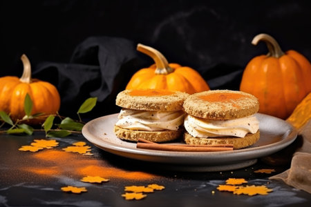 Pumpkin cookie sandwich with cream cheese. Spicy autumn dessertの素材