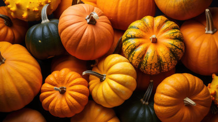 Banner with a close-up of fresh pumpkins of different shapes and sizes, background imageの素材