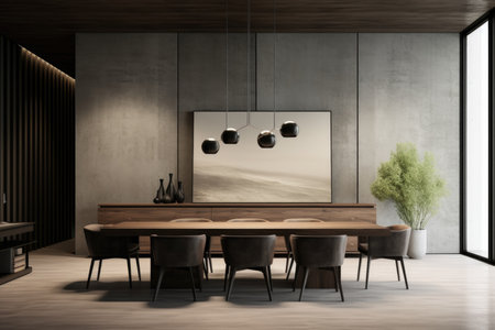 Minimalist Scandinavian-style dining room interior with a painting on the wall, a meeting tableの素材