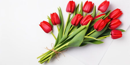 White banner with red tulips, space for textの素材
