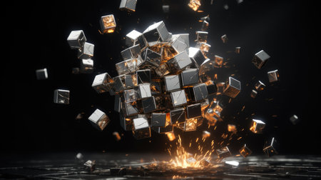 Digital abstract background of flying cubes in black and gold, the concept of using artificial intelligence and neural networksの素材