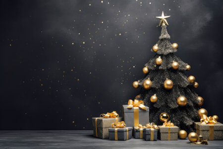 Christmas tree with gifts on a black background, greeting card, place for textの素材