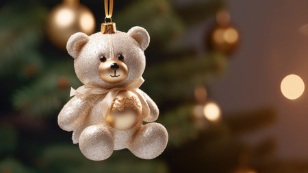 Christmas tree glass toy in the form of a bear hanging on the Christmas treeの素材
