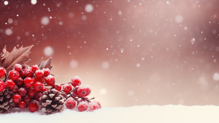 Red background with red berries and cones for Christmas, snow backgroundの素材