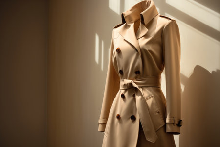 Classic beige coat with a belt on a mannequinの素材