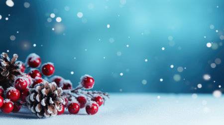 Banner with a background blue Christmas image, red berries and conesの素材