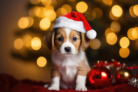 A Cavalier King Charles spaniel puppy in a Santa Claus hat on the background of a Christmas treeの素材