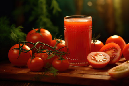 A glass of tomato juice is on the table, branches with tomatoesの素材