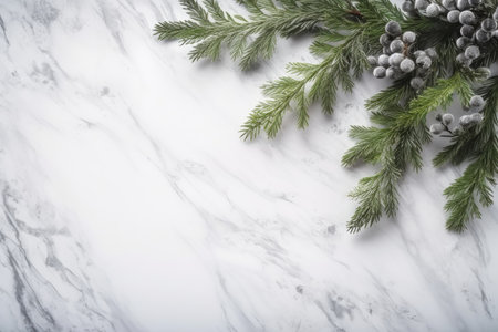 Marble table with Christmas tree branches, a place for textの素材