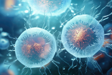 Cell division during mitosis magnified under a microscopeの素材