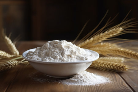 Whole grain flour in a bowl on a wooden tableの素材