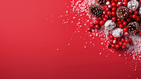 Red background with red berries and cones for Christmas, snow backgroundの素材