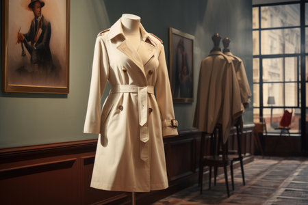 Classic beige coat with a belt on a mannequinの素材