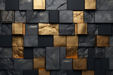 Abstract stone background in gold and black, natural background with squaresの素材