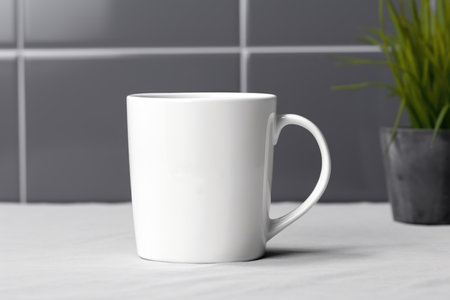 The layout of the white mug is on the table, a place for the textの素材