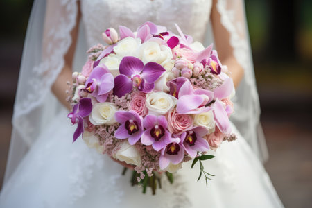 Wedding bouquet of the bride with orchids and rosesの素材