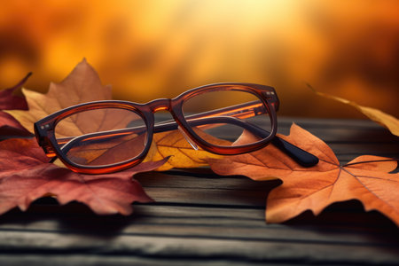 Red eyeglass frame on a wooden table with leavesの素材