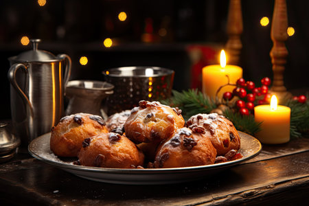 Dutch oliebollen with raisins in powdered sugarの素材