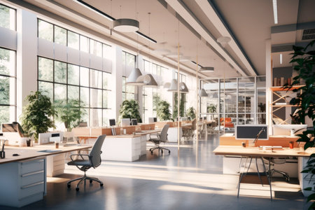 The interior of the workplace in a white coworking with computersの素材