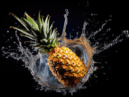 Pineapple falling into the water on a black backgroundの素材