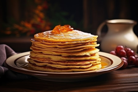 A stack of thin pancakes with jam in a plate on the tableの素材