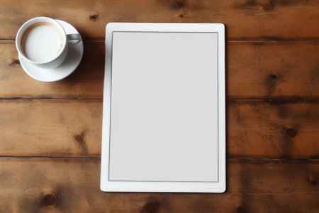 The tablet is lying on a wooden table with a cup of coffee, a place for textの素材