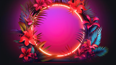 Banner with round neon pink frame and tropical plantsの素材
