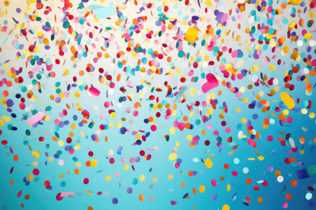 Multicolored confetti on a blue background, a place for textの素材