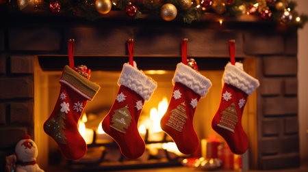 Christmas colorful socks are hanging on the fireplace, a fire is burning in the fireplaceの素材
