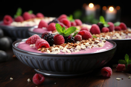 A plate for a berry smoothie with granola and fresh raspberries and blackberries. The concept of vegan nutritionの素材