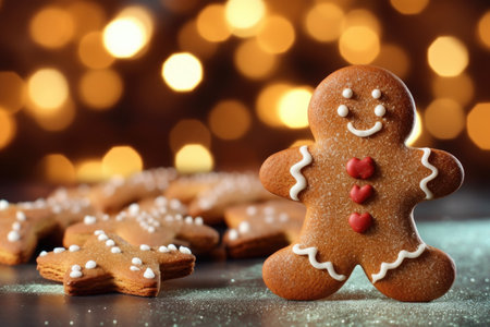 Cookies in the form of traditional gingerbread men on the background of Christmas lights bokehの素材