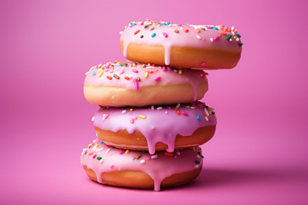 Delicious donuts stand in a slide on a pink background, background imageの素材