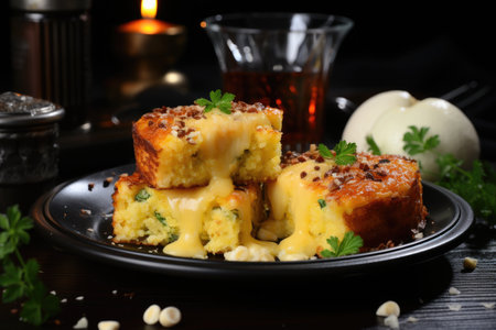 Baked corn bread with cheddar, close-upの素材