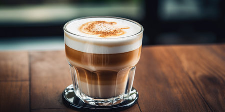 Hot cappuccino in a glass on a wooden tableの素材