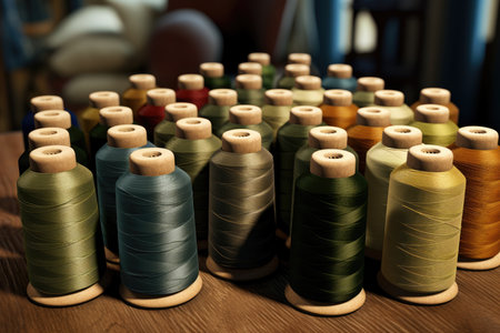 Reels with threads of different shades of green and olive, industrial sewing workshopの素材