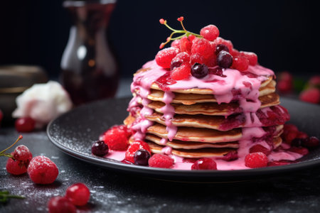 Vegan dessert pancakes with berries in a plate with sauceの素材