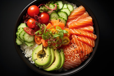 Hawaiian dish with salmon, avocado and cucumber in a bowlの素材