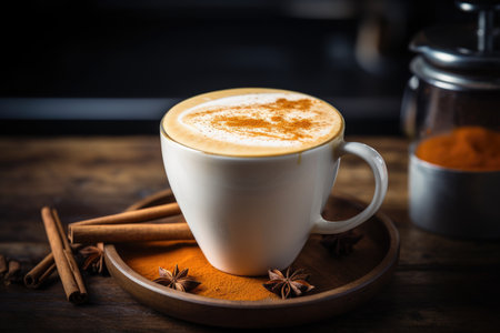 Creamy latte with cinnamon on a vintage wooden tableの素材