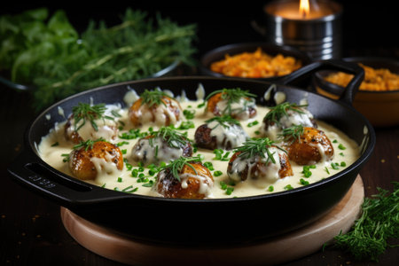 Swedish meatballs in cream sauce on a black pan, traditional Scandinavian cuisineの素材