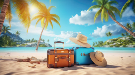 Banner with suitcases on the background of palm trees and the sea, ready for summer holidays, travel experienceの素材