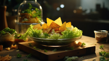 Natural potato chips, snacks with greens without additives in a plateの素材