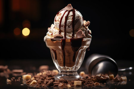 Vanilla ice cream balls with chocolate pieces in a plateの素材