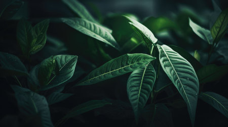 Banner with dark green leaves of a tropical plant close-upの素材