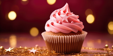 Banner with Christmas pink cupcake with pink whipped cream or cream, golden sprinkles and sequinsの素材
