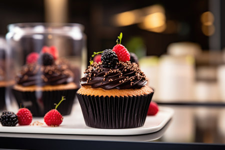 Muffin with chocolate cream and berries, dessert servingの素材