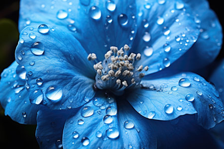 Blue flower with dew drops on petals close-up, background imageの素材