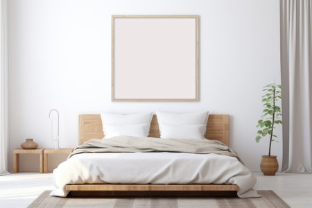 The interior of a bedroom with a Scandinavian-style bed with a frame layout on the wall, a place for textの素材