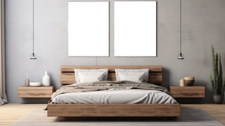 Bedroom interior with wooden bed and mock-ups of paintings on the wallの素材