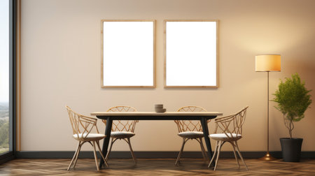 Layout of posters or framed paintings in the dining room with a wooden table and chairs, minimalismの素材